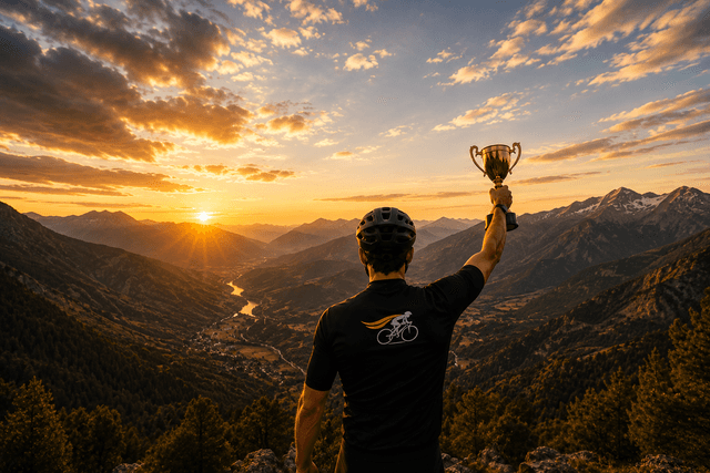 Cyclist holding trophy at sunset